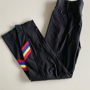 Terez Black Ankle Leggings with Multi Ribbon Stripe Detail Medium